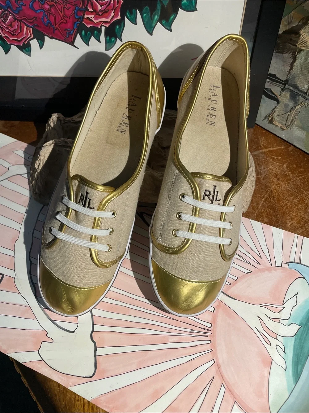 Lauren Ralph Lauren Beige Canvas Sneakers with Gold Metallic Accents